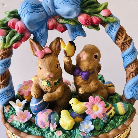 Porcelain Bunny In A Easter Egg Basket Rabbit Chickens Eggs, Flowers 9" Tall - Picture 6 of 12